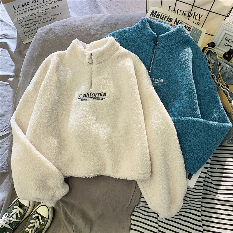 Letter Sweatshirts Women Half High Collar Hoodies Long Sleeve Pullover Pockets Loose Autumn Sports Slight Strech Draw String
