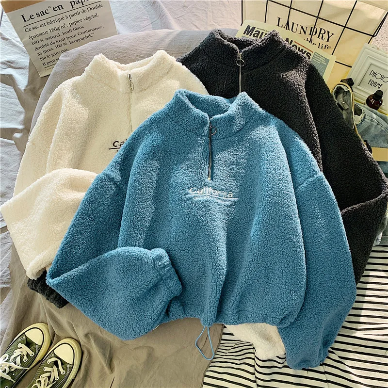 Letter Sweatshirts Women Half High Collar Hoodies Long Sleeve Pullover Pockets Loose Autumn Sports Slight Strech Draw String