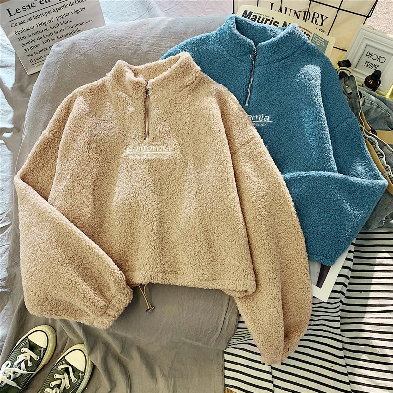 Letter Sweatshirts Women Half High Collar Hoodies Long Sleeve Pullover Pockets Loose Autumn Sports Slight Strech Draw String