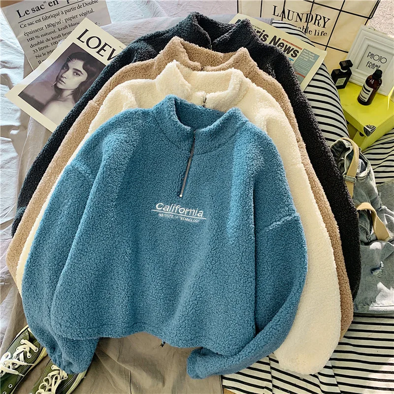 Letter Sweatshirts Women Half High Collar Hoodies Long Sleeve Pullover Pockets Loose Autumn Sports Slight Strech Draw String
