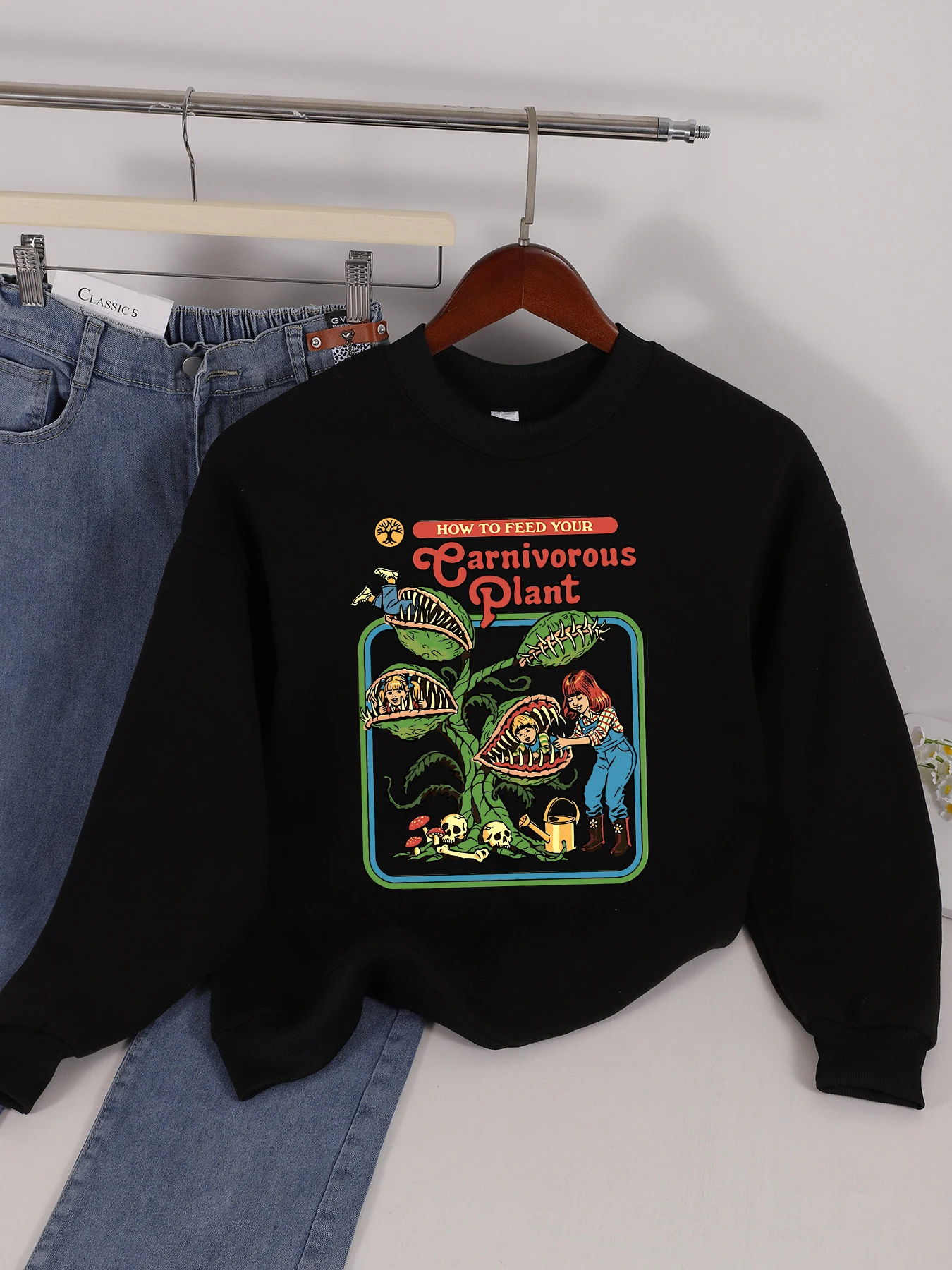 Earnivorous Plant Design Women Sweatshirt Fashion Warm Pullovers Casual Loose Soft Streetwear Autumn Fleece Female Clothing