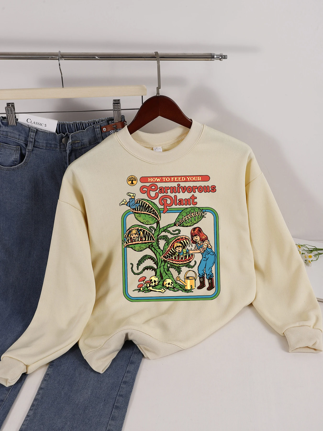 Earnivorous Plant Design Women Sweatshirt Fashion Warm Pullovers Casual Loose Soft Streetwear Autumn Fleece Female Clothing