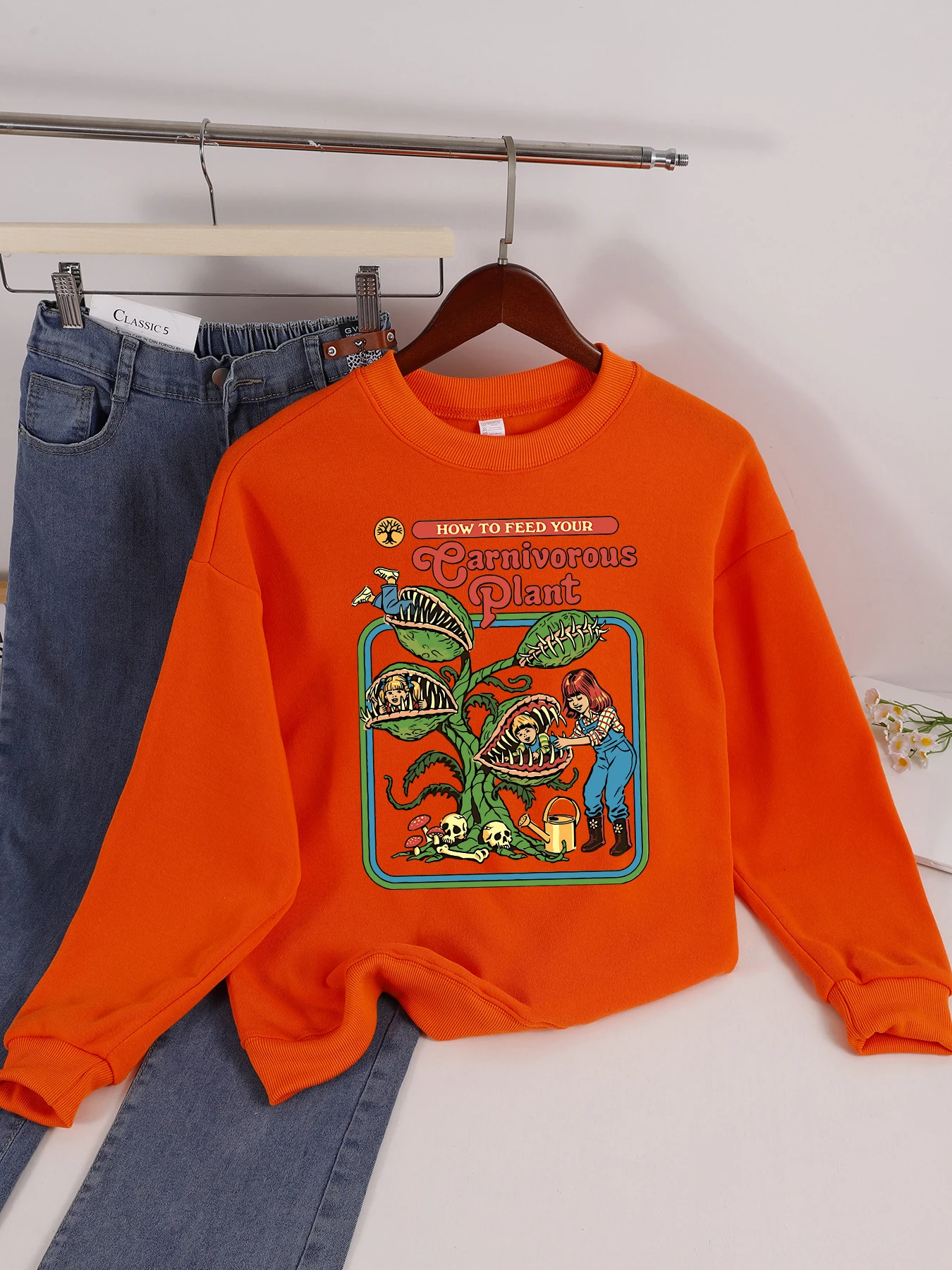 Earnivorous Plant Design Women Sweatshirt Fashion Warm Pullovers Casual Loose Soft Streetwear Autumn Fleece Female Clothing
