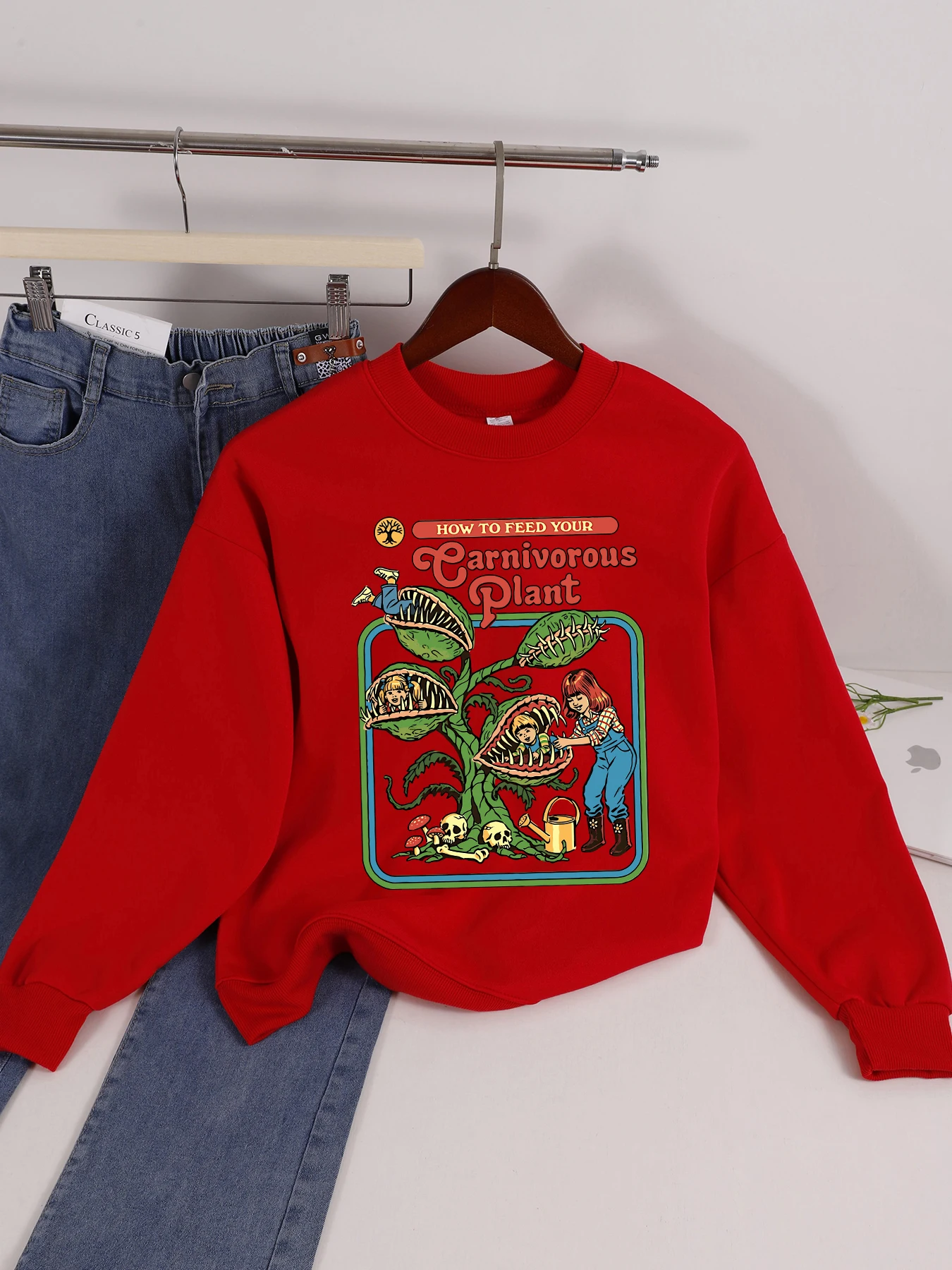 Earnivorous Plant Design Women Sweatshirt Fashion Warm Pullovers Casual Loose Soft Streetwear Autumn Fleece Female Clothing