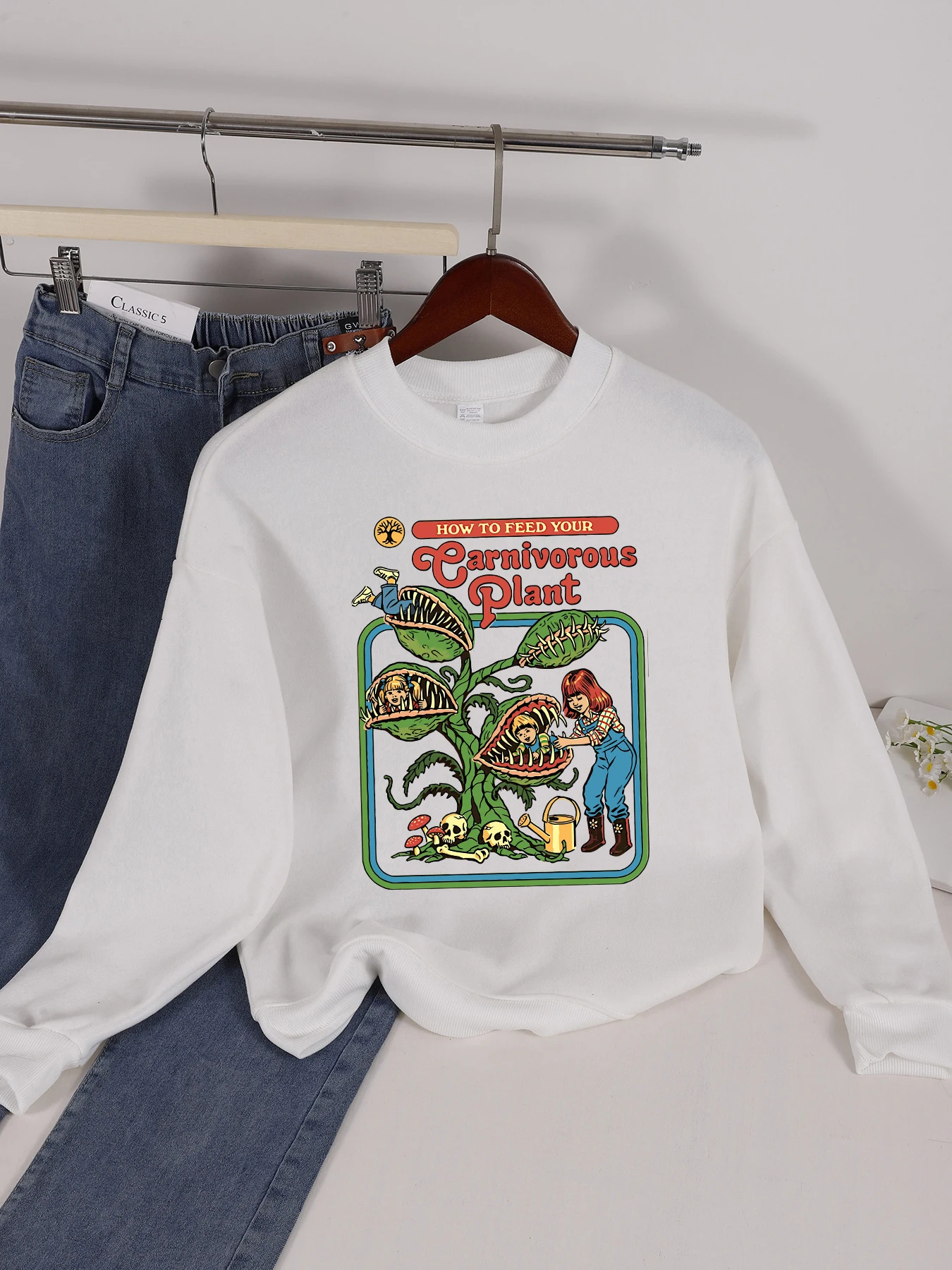Earnivorous Plant Design Women Sweatshirt Fashion Warm Pullovers Casual Loose Soft Streetwear Autumn Fleece Female Clothing
