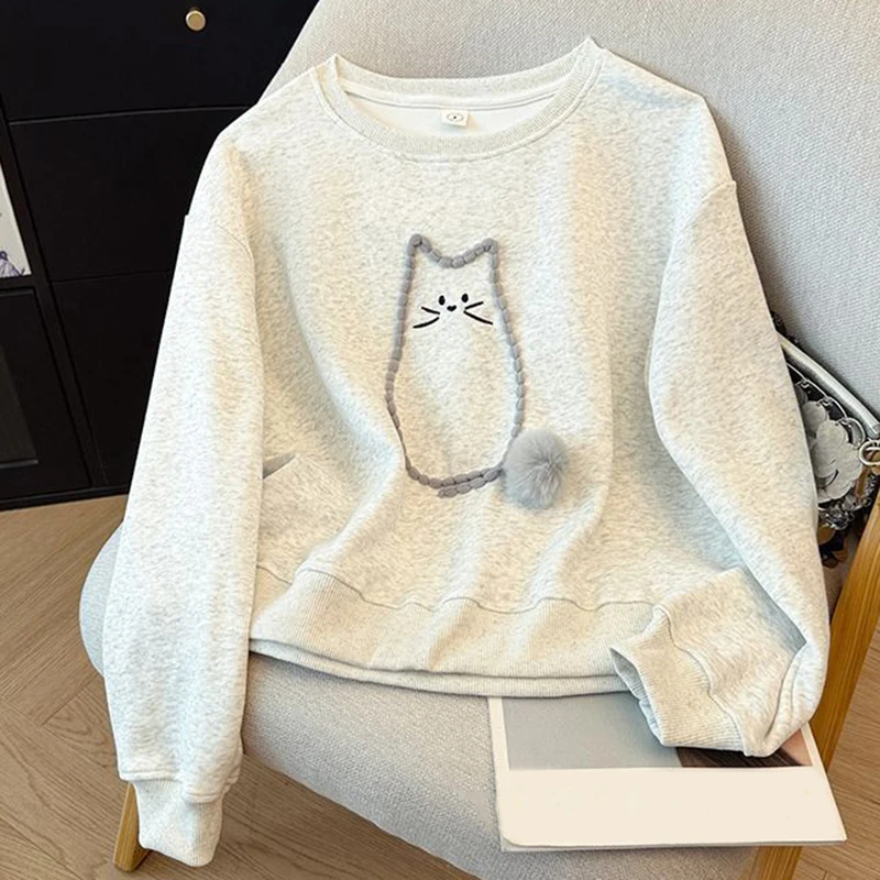 Cute Cat Sweatshirt Women Casual O Neck Lazy Wind Loose Pullover Autumn Winter Kawaii Fashion Female Long Sleeve Jumper Tops New