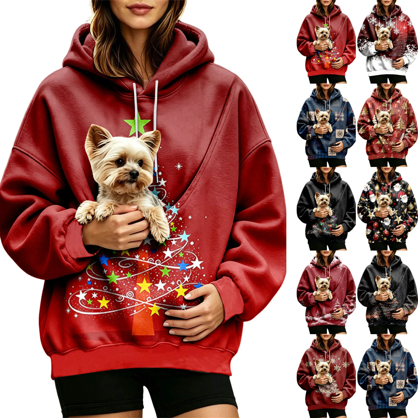 Women Fall And Winter Hoodie With Pet Pouch Oversized Pocket Colorful Print Sweatshirt For Dogs And Cats Long Sleeve Hoodie