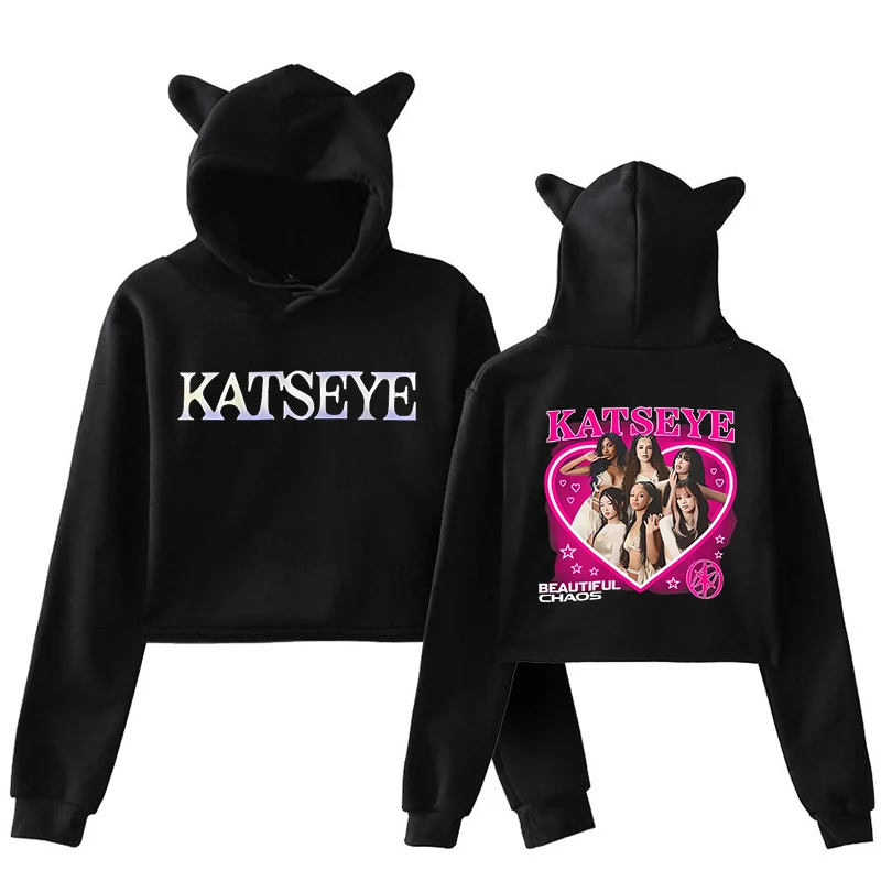 Women's Katseye Funny Print Cropped Hoodies Graphic Cute Cat Ears Crop Tops Gothic Y2k Sweatshirts 90s Fashion Vintage Clothes