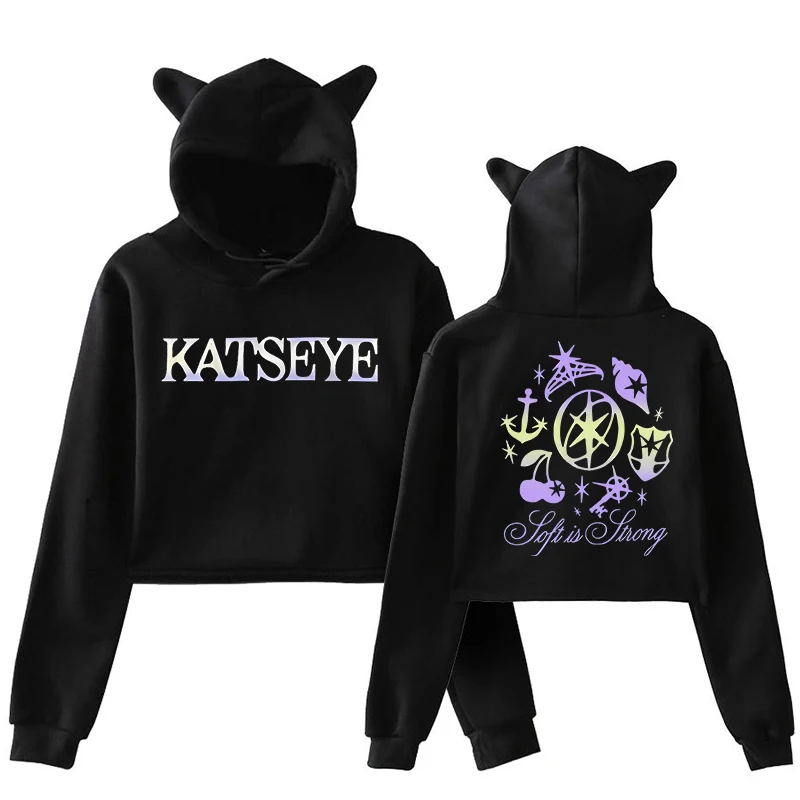 Women's Katseye Funny Print Cropped Hoodies Graphic Cute Cat Ears Crop Tops Gothic Y2k Sweatshirts 90s Fashion Vintage Clothes