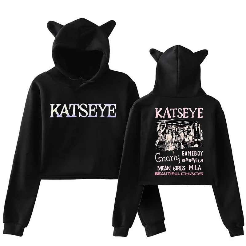 Women's Katseye Funny Print Cropped Hoodies Graphic Cute Cat Ears Crop Tops Gothic Y2k Sweatshirts 90s Fashion Vintage Clothes