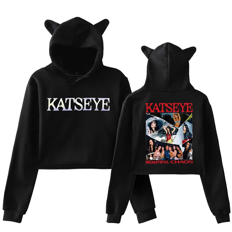 Women's Katseye Funny Print Cropped Hoodies Graphic Cute Cat Ears Crop Tops Gothic Y2k Sweatshirts 90s Fashion Vintage Clothes