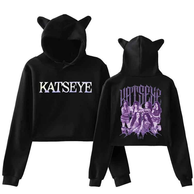 Women's Katseye Funny Print Cropped Hoodies Graphic Cute Cat Ears Crop Tops Gothic Y2k Sweatshirts 90s Fashion Vintage Clothes