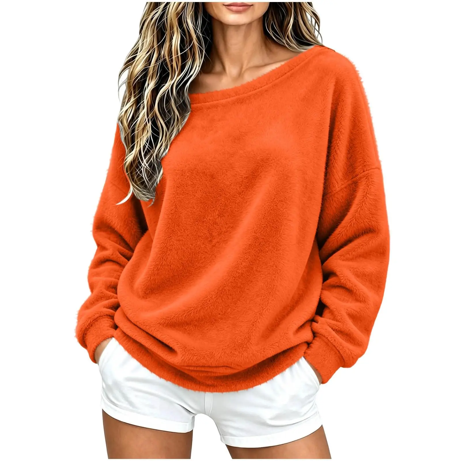 Off The Shoulder Tops For Women Double Fuzzy Sweatshirt Fleece Pullover Fleece Plush Lined Soft Top Cozy Cute Hoodies Women