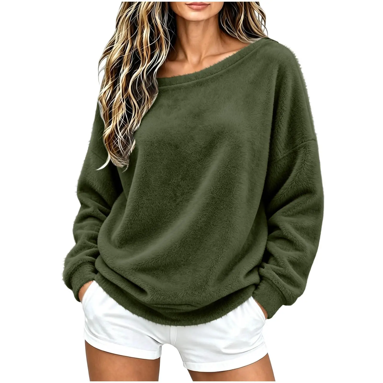 Off The Shoulder Tops For Women Double Fuzzy Sweatshirt Fleece Pullover Fleece Plush Lined Soft Top Cozy Cute Hoodies Women