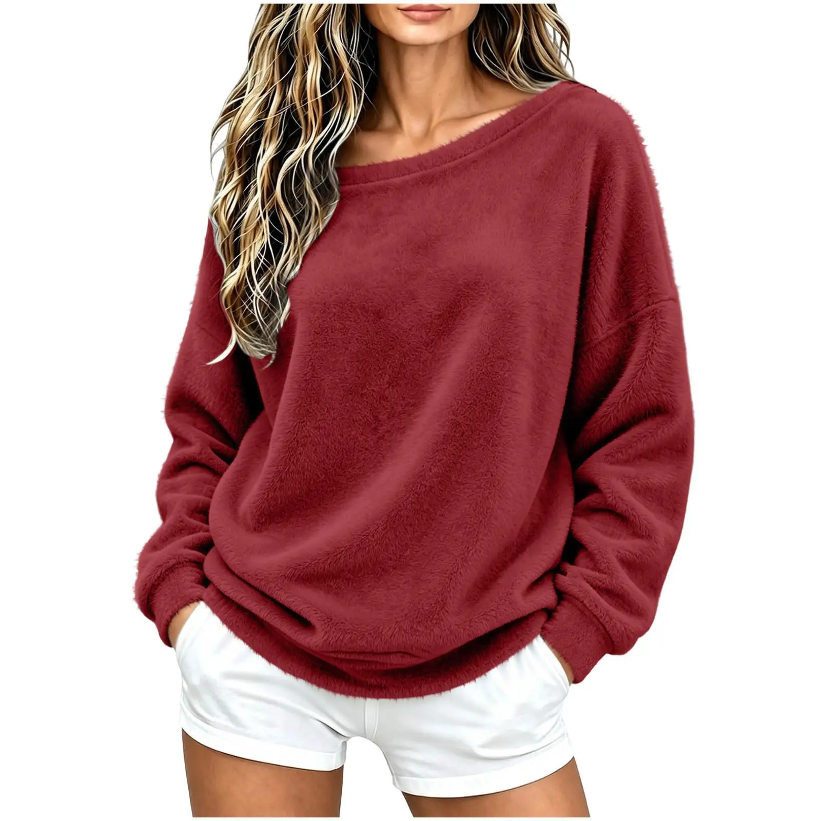 Off The Shoulder Tops For Women Double Fuzzy Sweatshirt Fleece Pullover Fleece Plush Lined Soft Top Cozy Cute Hoodies Women