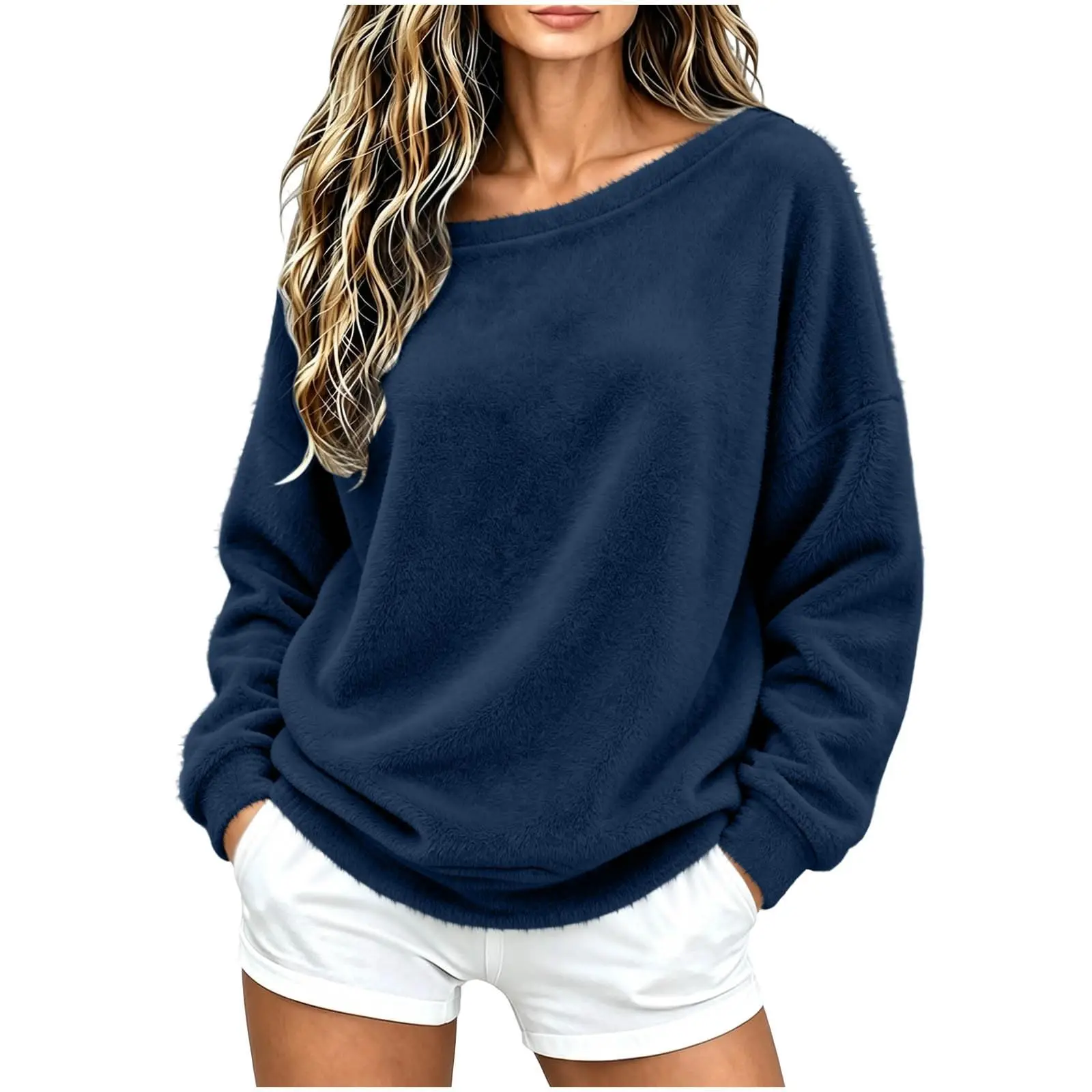Off The Shoulder Tops For Women Double Fuzzy Sweatshirt Fleece Pullover Fleece Plush Lined Soft Top Cozy Cute Hoodies Women