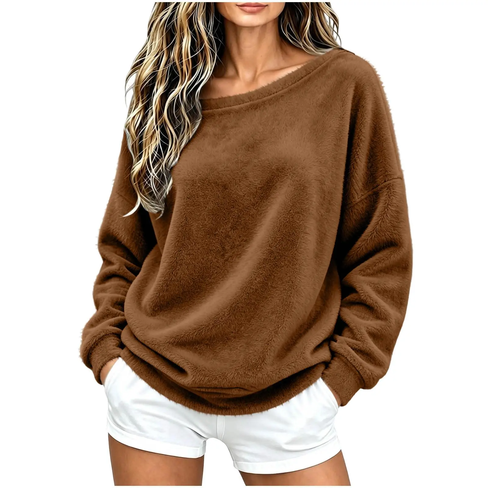 Off The Shoulder Tops For Women Double Fuzzy Sweatshirt Fleece Pullover Fleece Plush Lined Soft Top Cozy Cute Hoodies Women
