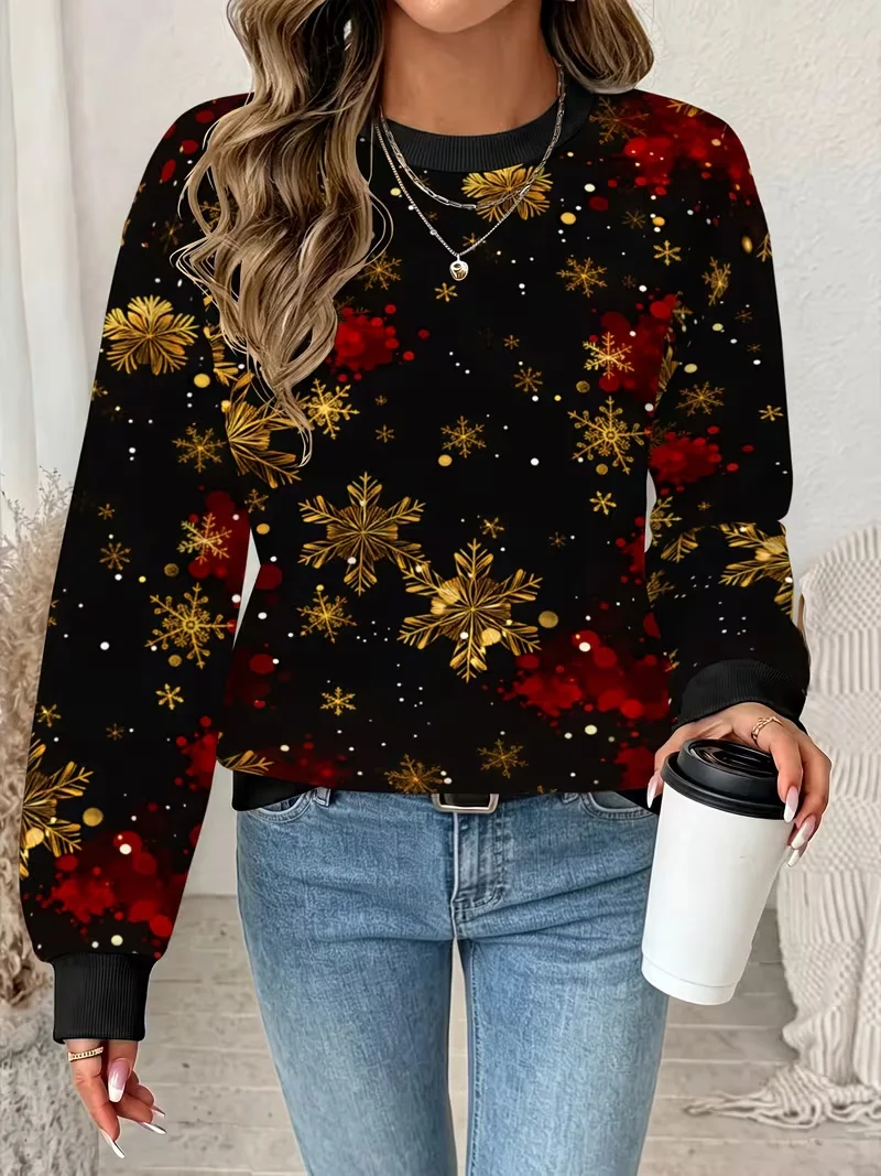Ladies' autumn winter new long sleeved round neck casual pullover 3D Christmas element Christmas deer printed Pullover Tops