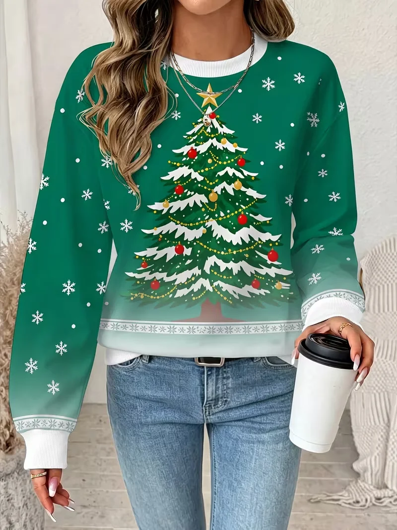 Ladies' autumn winter new long sleeved round neck casual pullover 3D Christmas element Christmas deer printed Pullover Tops