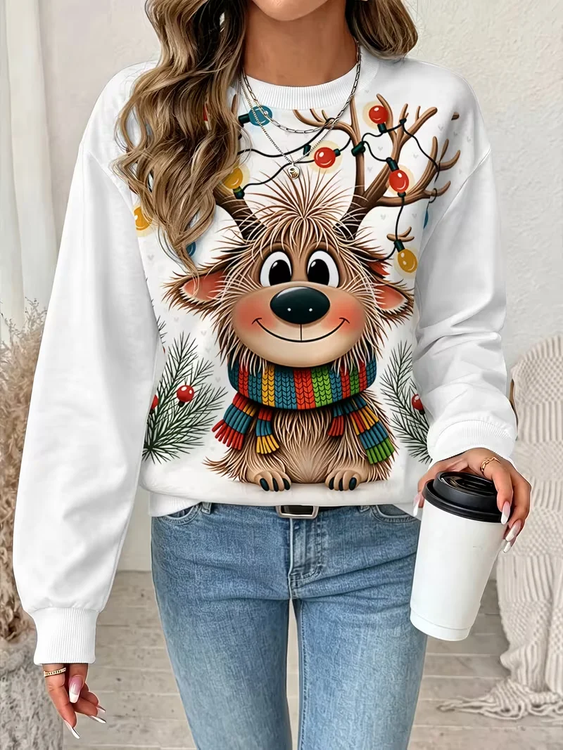 Ladies' autumn winter new long sleeved round neck casual pullover 3D Christmas element Christmas deer printed Pullover Tops
