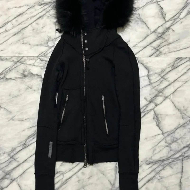 Japanese Vintage Fur Patchwork Hoodie Sweatshirts 2025 All-match Black Cardigan Coat Women Autumn Slim Fit Long Sleeve Tops