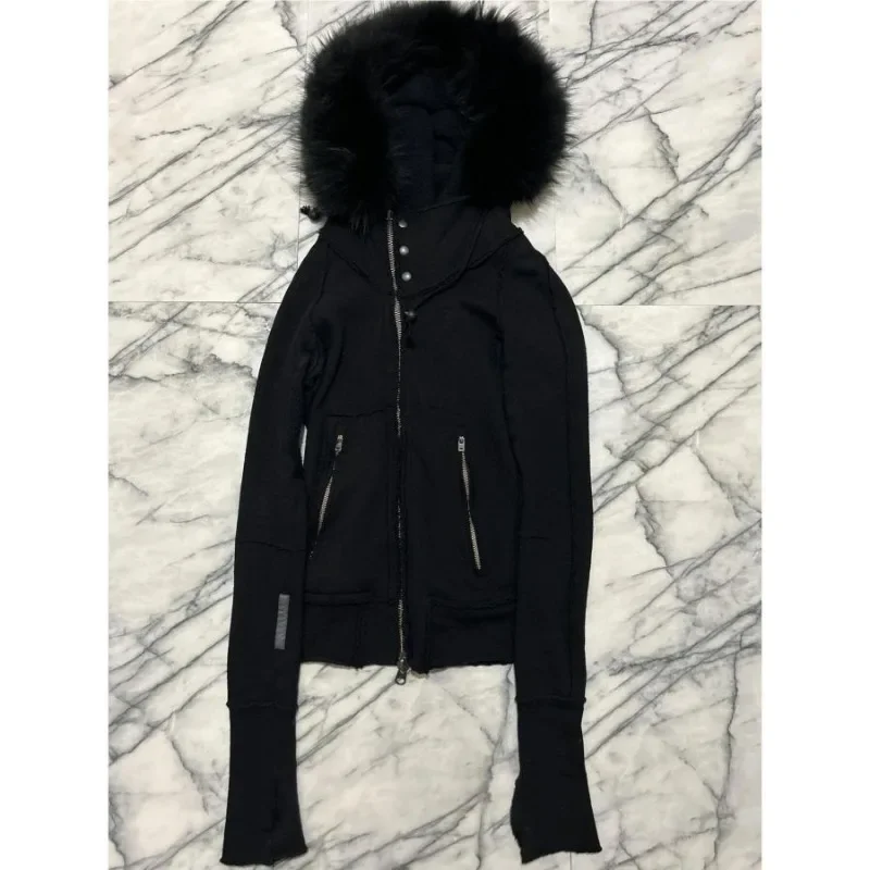 Japanese Vintage Fur Patchwork Hoodie Sweatshirts 2025 All-match Black Cardigan Coat Women Autumn Slim Fit Long Sleeve Tops