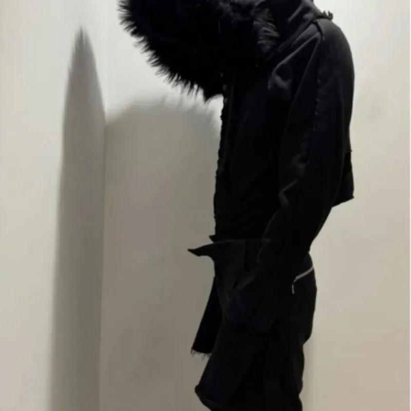Japanese Vintage Fur Patchwork Hoodie Sweatshirts 2025 All-match Black Cardigan Coat Women Autumn Slim Fit Long Sleeve Tops