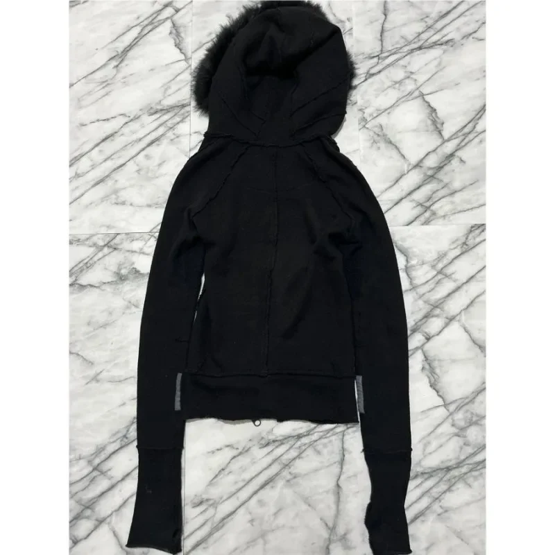 Japanese Vintage Fur Patchwork Hoodie Sweatshirts 2025 All-match Black Cardigan Coat Women Autumn Slim Fit Long Sleeve Tops