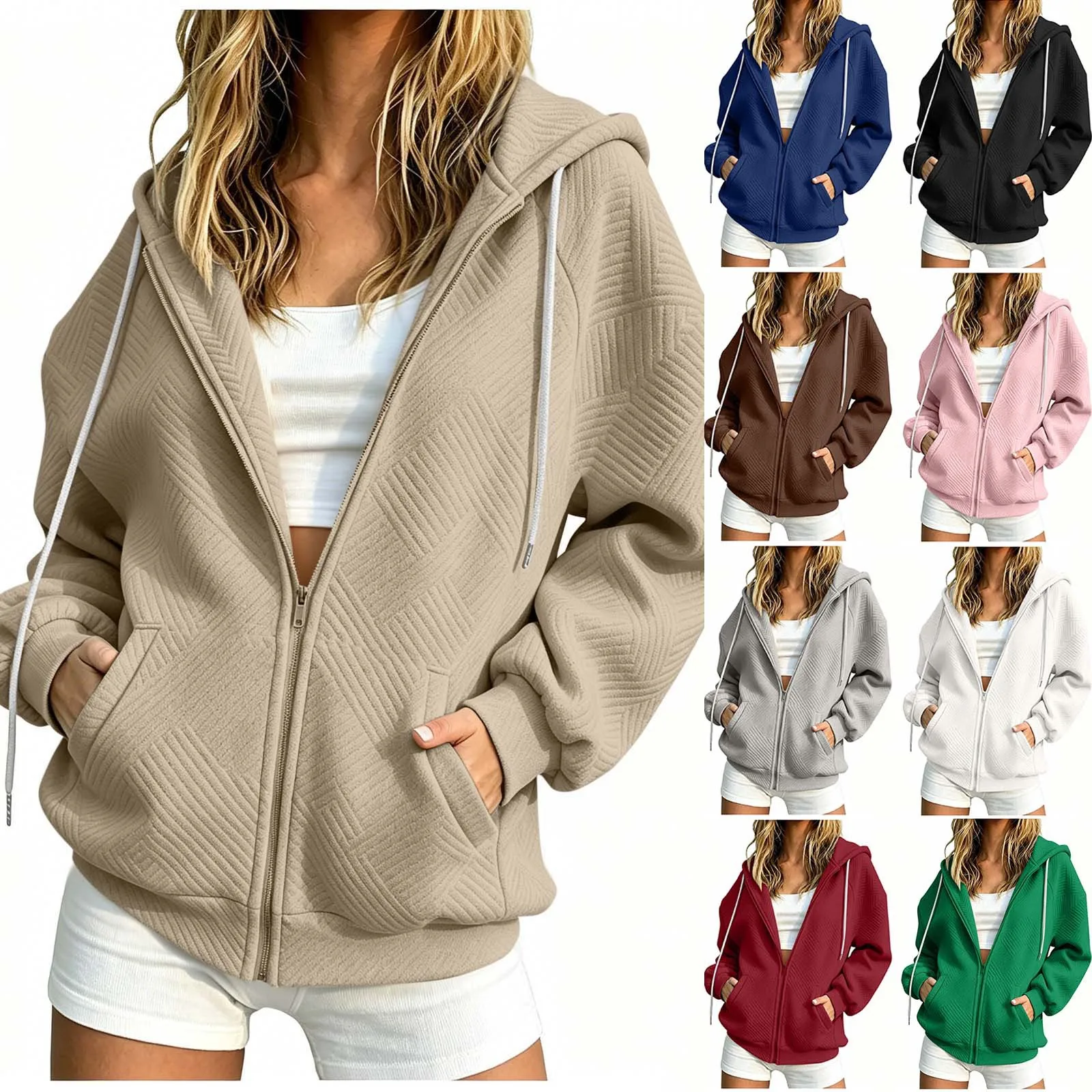 Women Winter Solid Color Pocketed Hooded Long Sleeved Coat Top Zippe Hoodies for Women