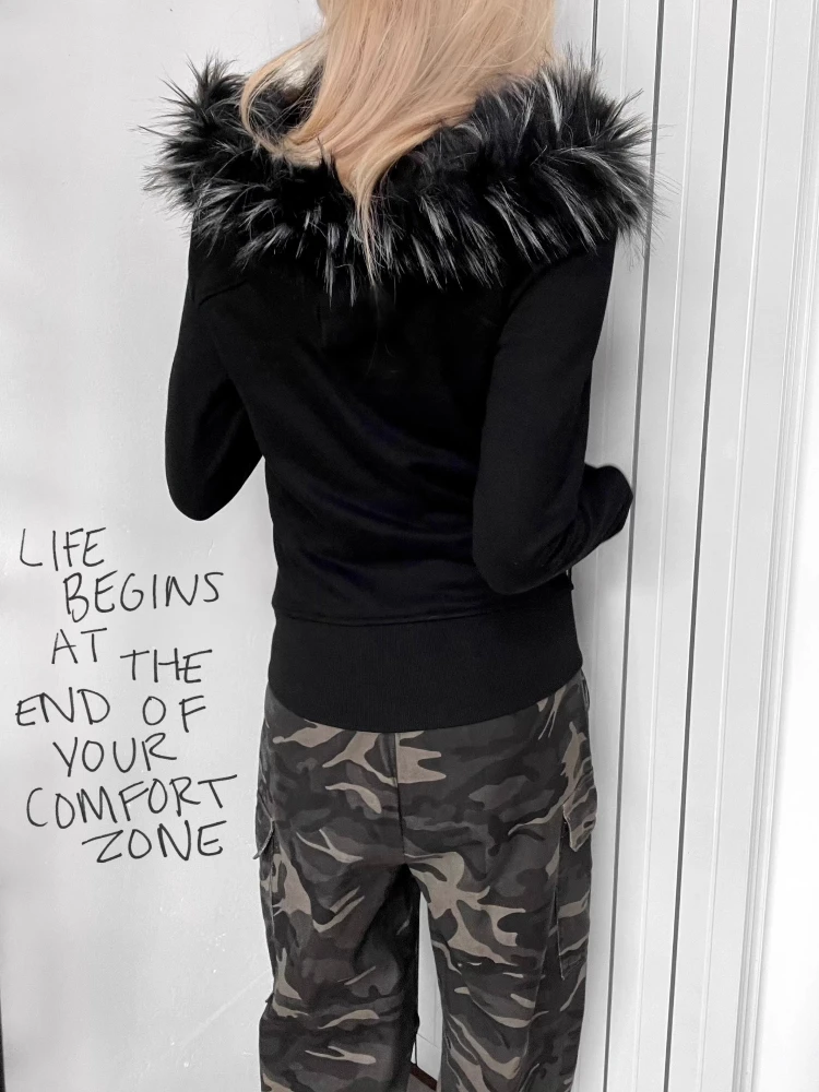 American Retro Fur Patchwork Grunge Hoodies Women Vintage Gothic Print Hooded Zip-up Sweatshirts Harajuku Aesthetic Y2k Jacket