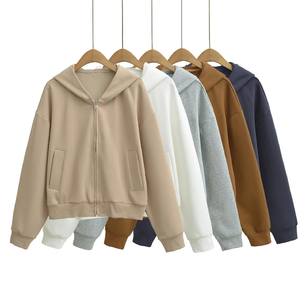 5 Colors Autumn Women Zip Up Hooded Sweatshirt Drawstring Hat Long Sleeve Hoodies Sweats Loose Jumper Gray Navy White
