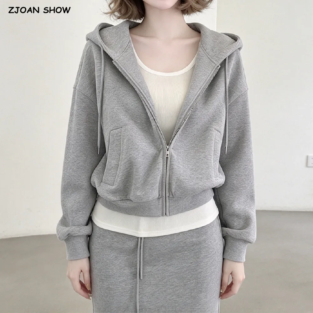 5 Colors Autumn Women Zip Up Hooded Sweatshirt Drawstring Hat Long Sleeve Hoodies Sweats Loose Jumper Gray Navy White