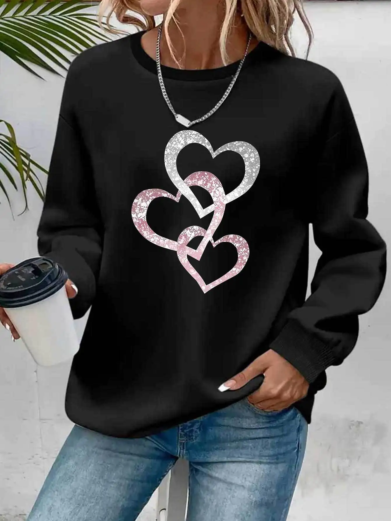 Women's Autumn and Winter Loose Casual Comfortable Letter Pattern Printed Velvet Long-Sleeved Round Neck Hoodie Pullover