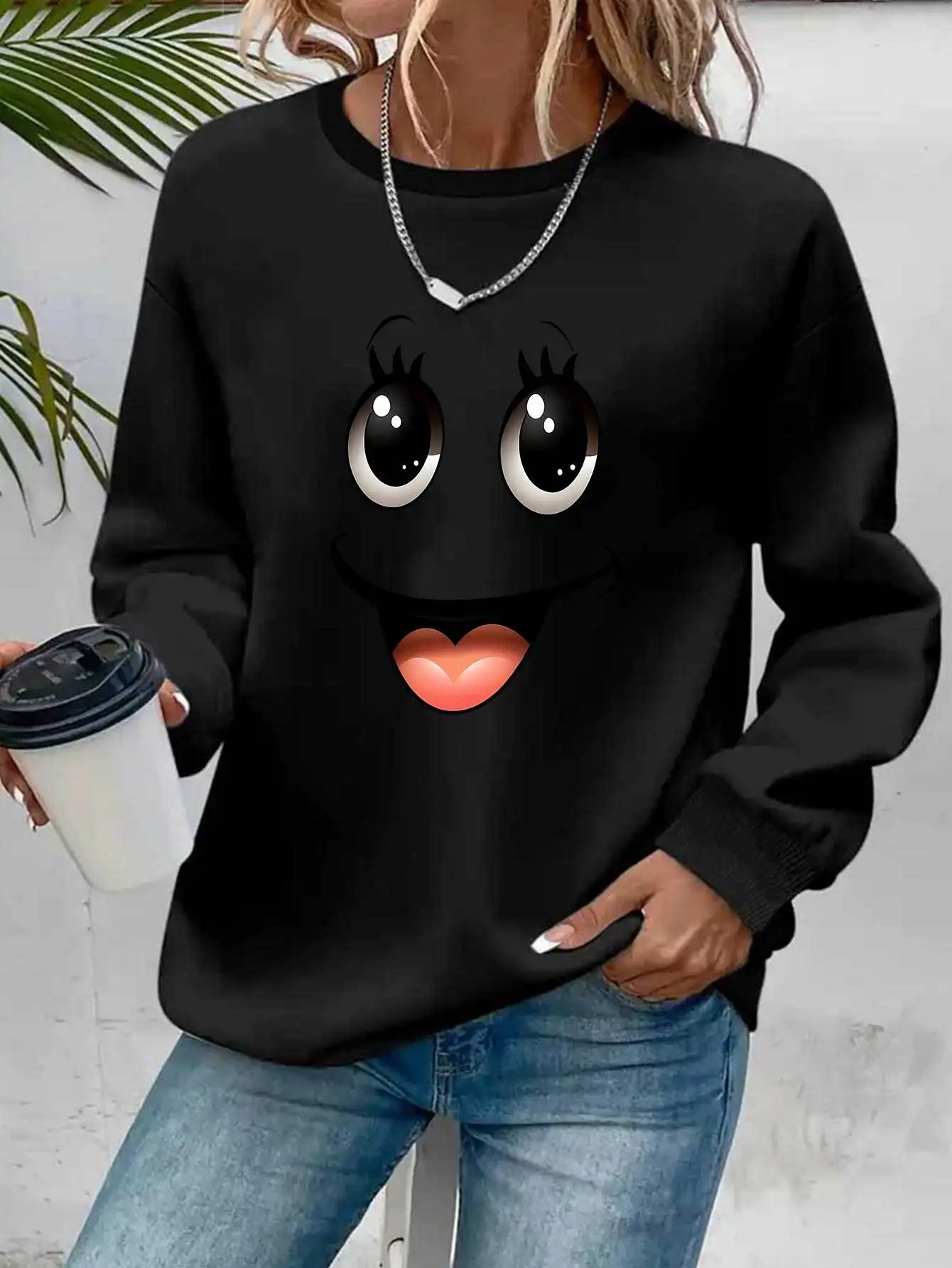Women's Autumn and Winter Loose Casual Comfortable Letter Pattern Printed Velvet Long-Sleeved Round Neck Hoodie Pullover