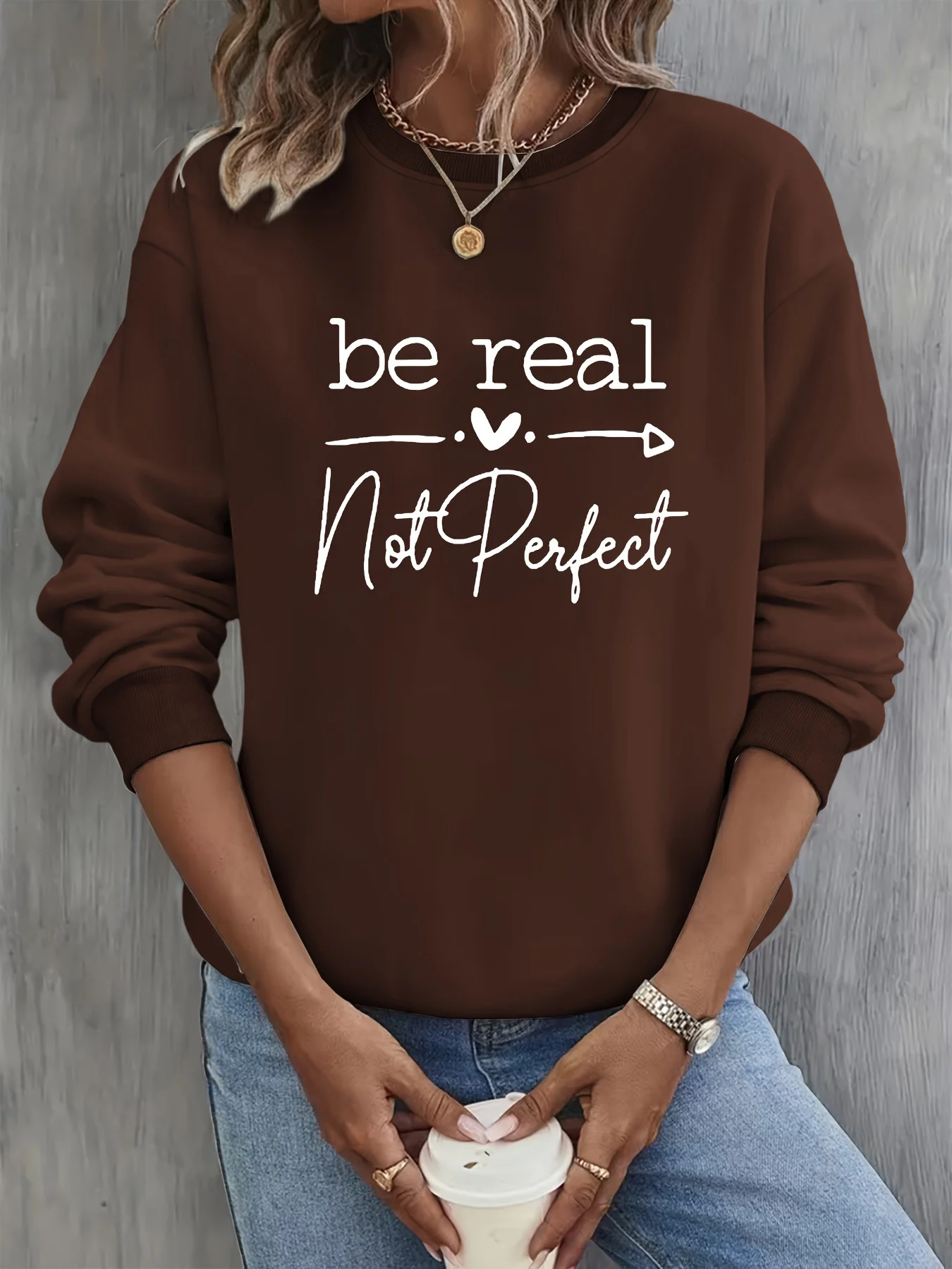 Women's Autumn and Winter Loose Casual Comfortable Letter Pattern Printed Velvet Long-Sleeved Round Neck Hoodie Pullover