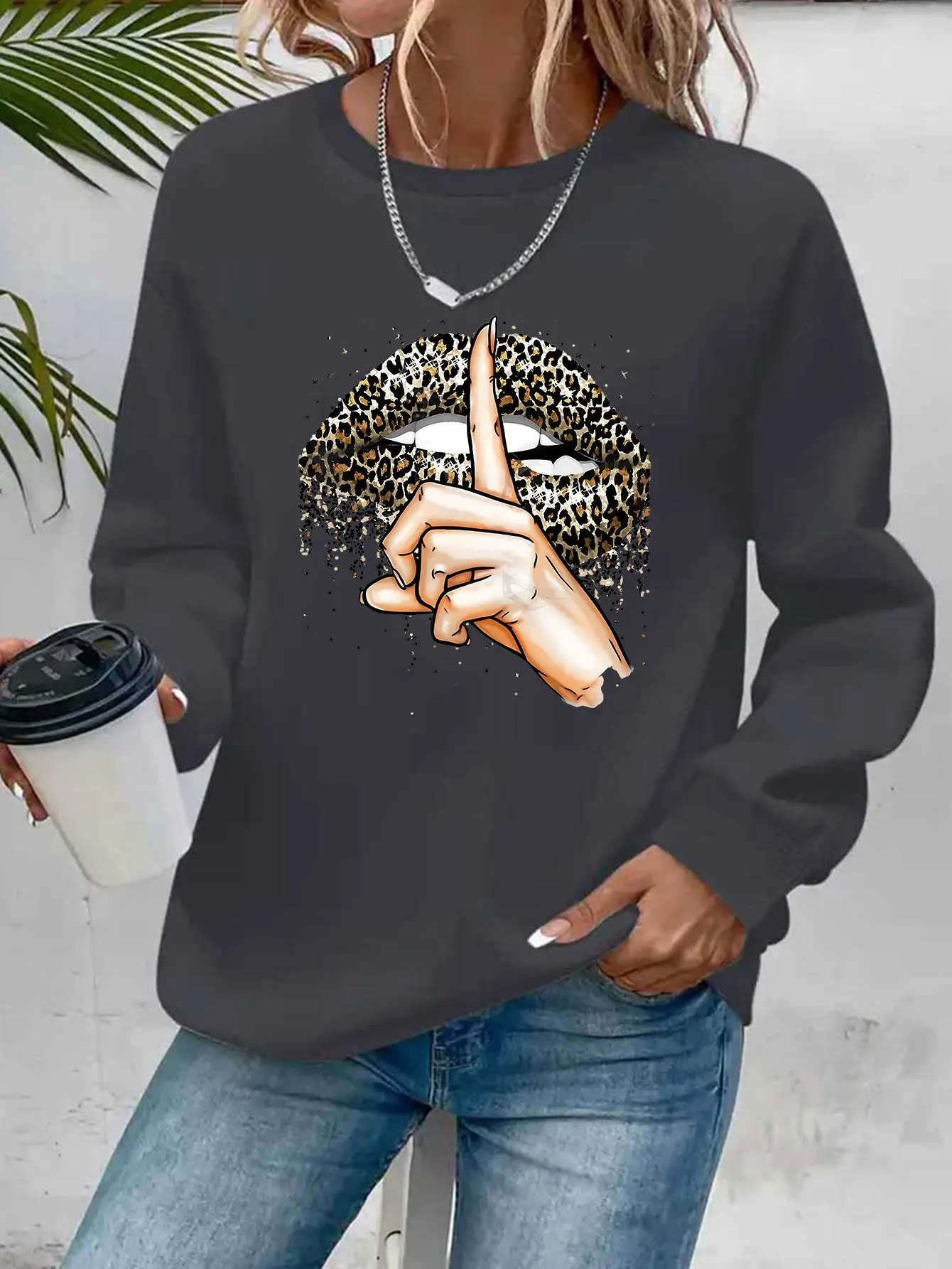Women's Autumn and Winter Loose Casual Comfortable Letter Pattern Printed Velvet Long-Sleeved Round Neck Hoodie Pullover