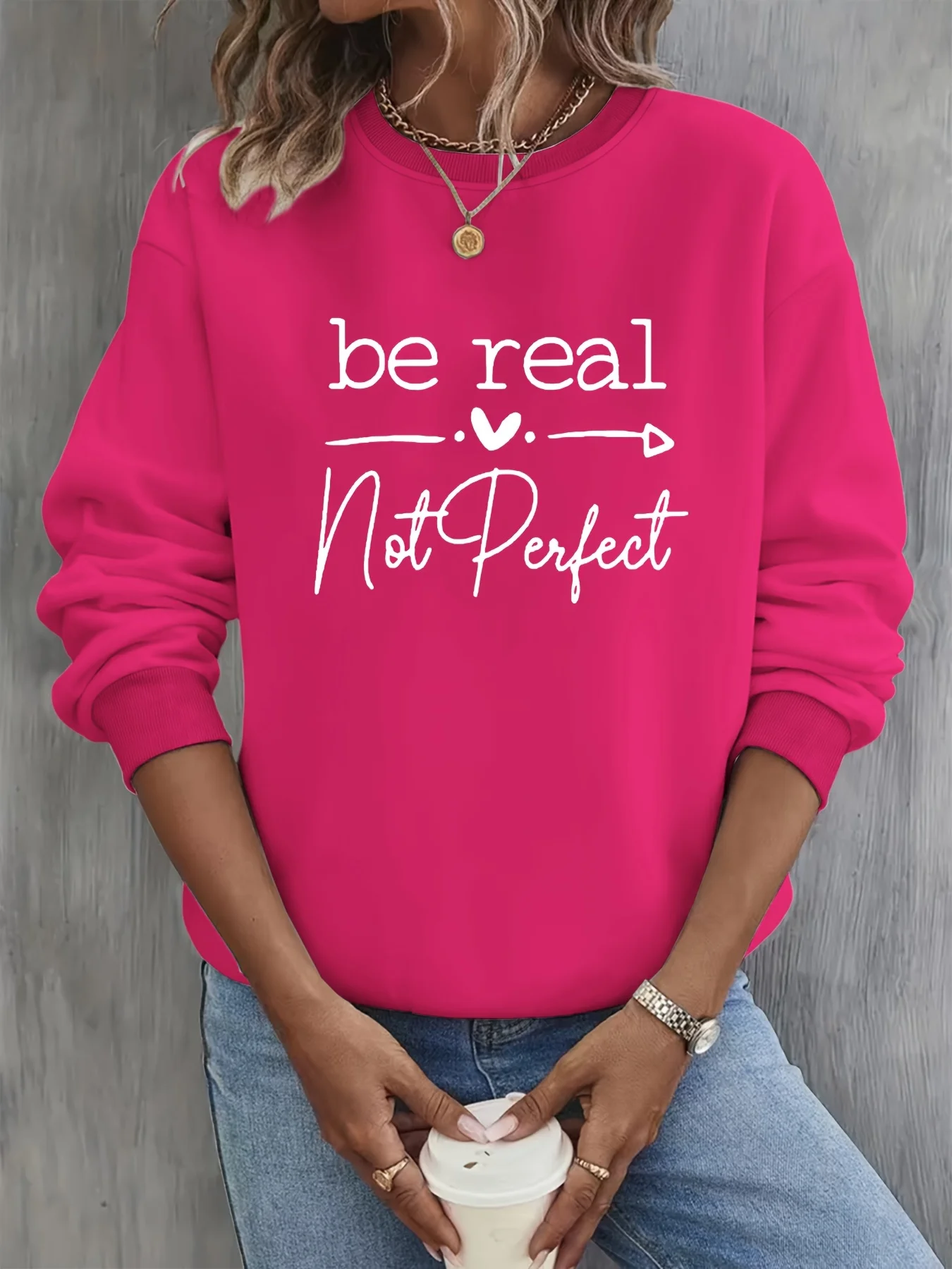 Women's Autumn and Winter Loose Casual Comfortable Letter Pattern Printed Velvet Long-Sleeved Round Neck Hoodie Pullover