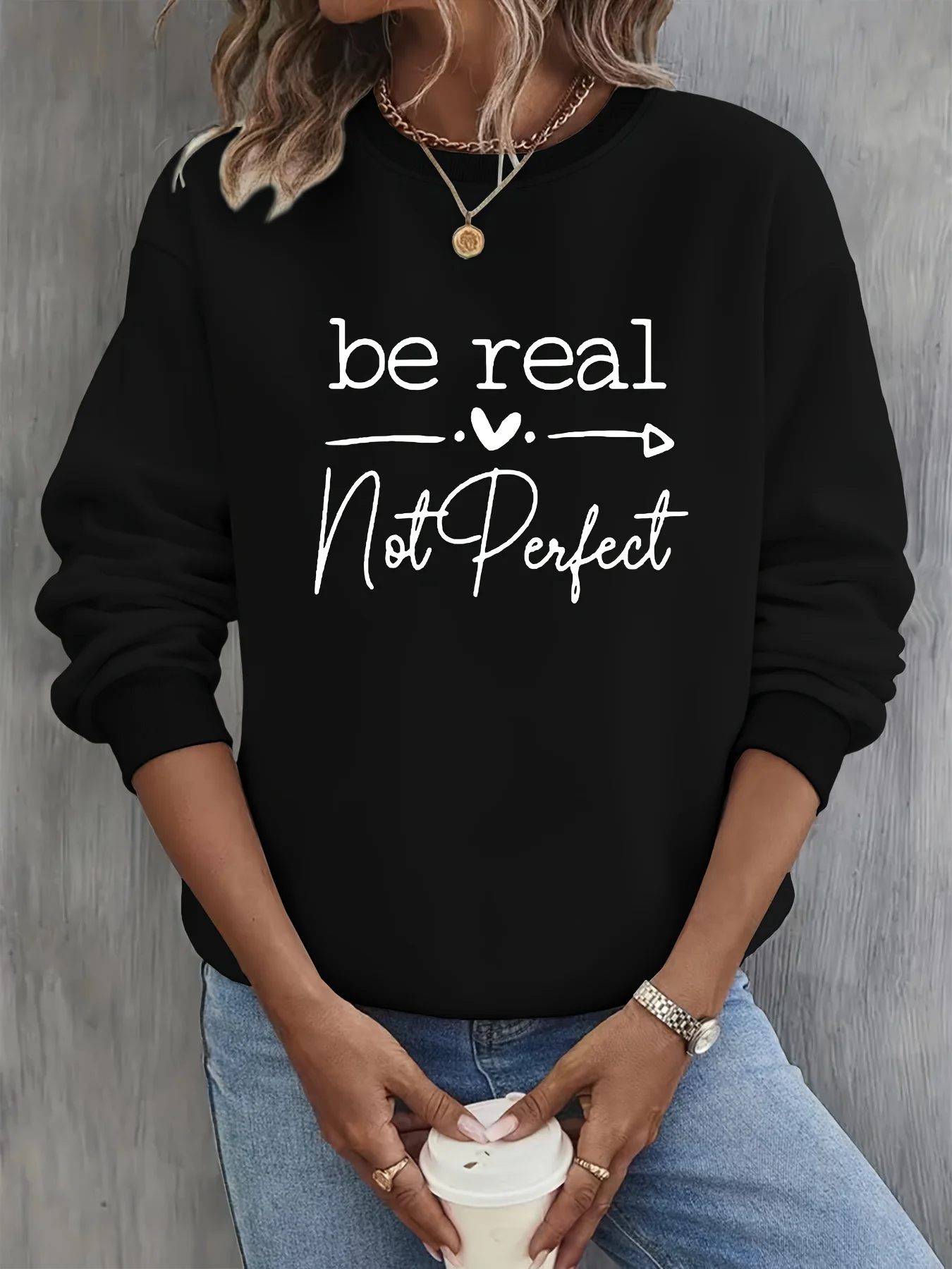 Women's Autumn and Winter Loose Casual Comfortable Letter Pattern Printed Velvet Long-Sleeved Round Neck Hoodie Pullover