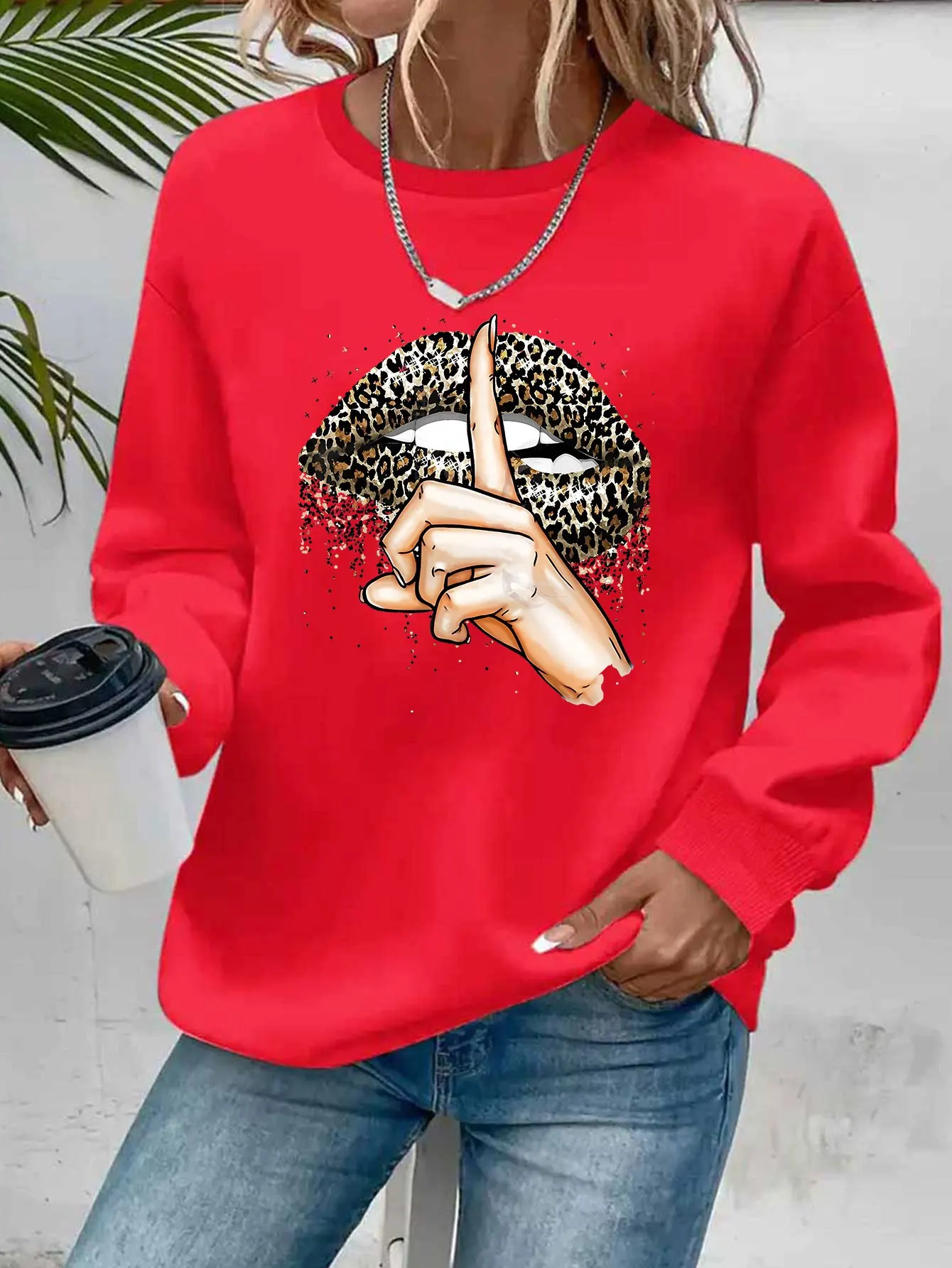 Women's Autumn and Winter Loose Casual Comfortable Letter Pattern Printed Velvet Long-Sleeved Round Neck Hoodie Pullover