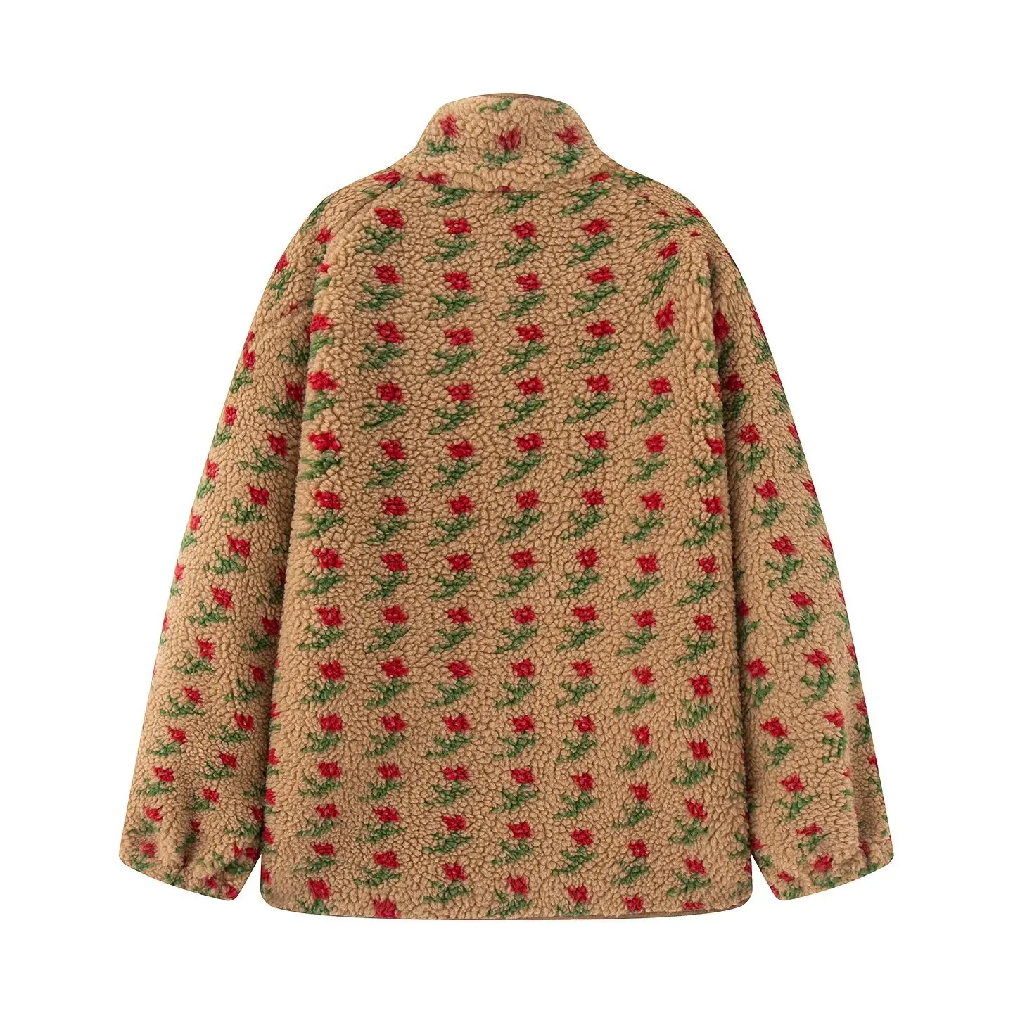 Yaminiya Fashion Wool Fleece Flower Warm Zipper Sweater Jacket Stand Collar Loose Jacket Thickened Autumn/winter Women Clothing