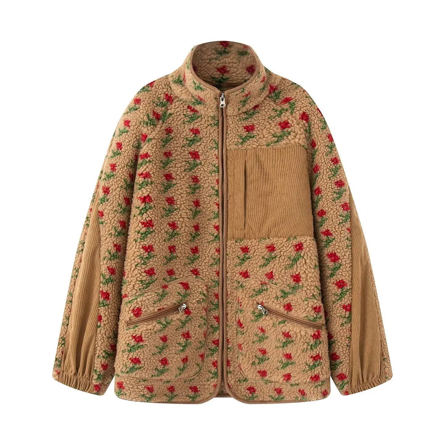 Yaminiya Fashion Wool Fleece Flower Warm Zipper Sweater Jacket Stand Collar Loose Jacket Thickened Autumn/winter Women Clothing