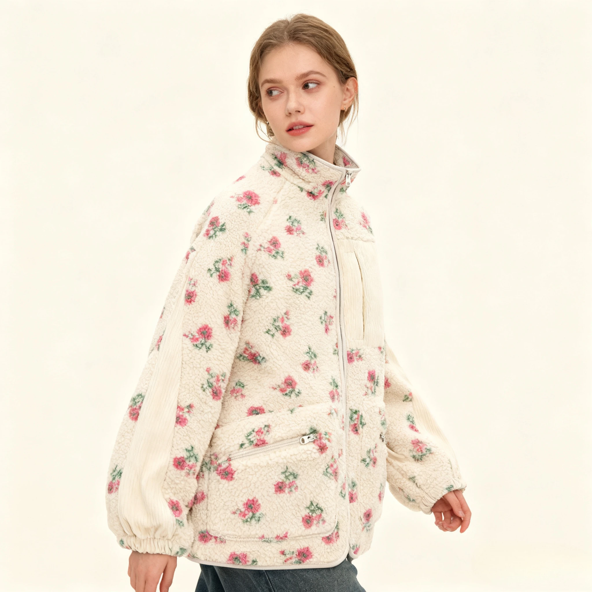 Yaminiya Fashion Wool Fleece Flower Warm Zipper Sweater Jacket Stand Collar Loose Jacket Thickened Autumn/winter Women Clothing