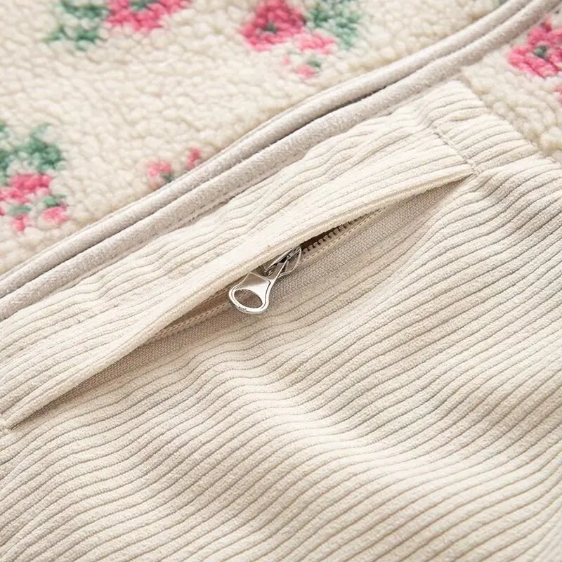 Yaminiya Fashion Wool Fleece Flower Warm Zipper Sweater Jacket Stand Collar Loose Jacket Thickened Autumn/winter Women Clothing