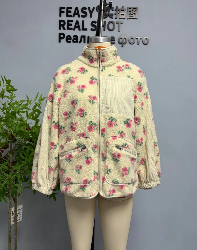 Yaminiya Fashion Wool Fleece Flower Warm Zipper Sweater Jacket Stand Collar Loose Jacket Thickened Autumn/winter Women Clothing