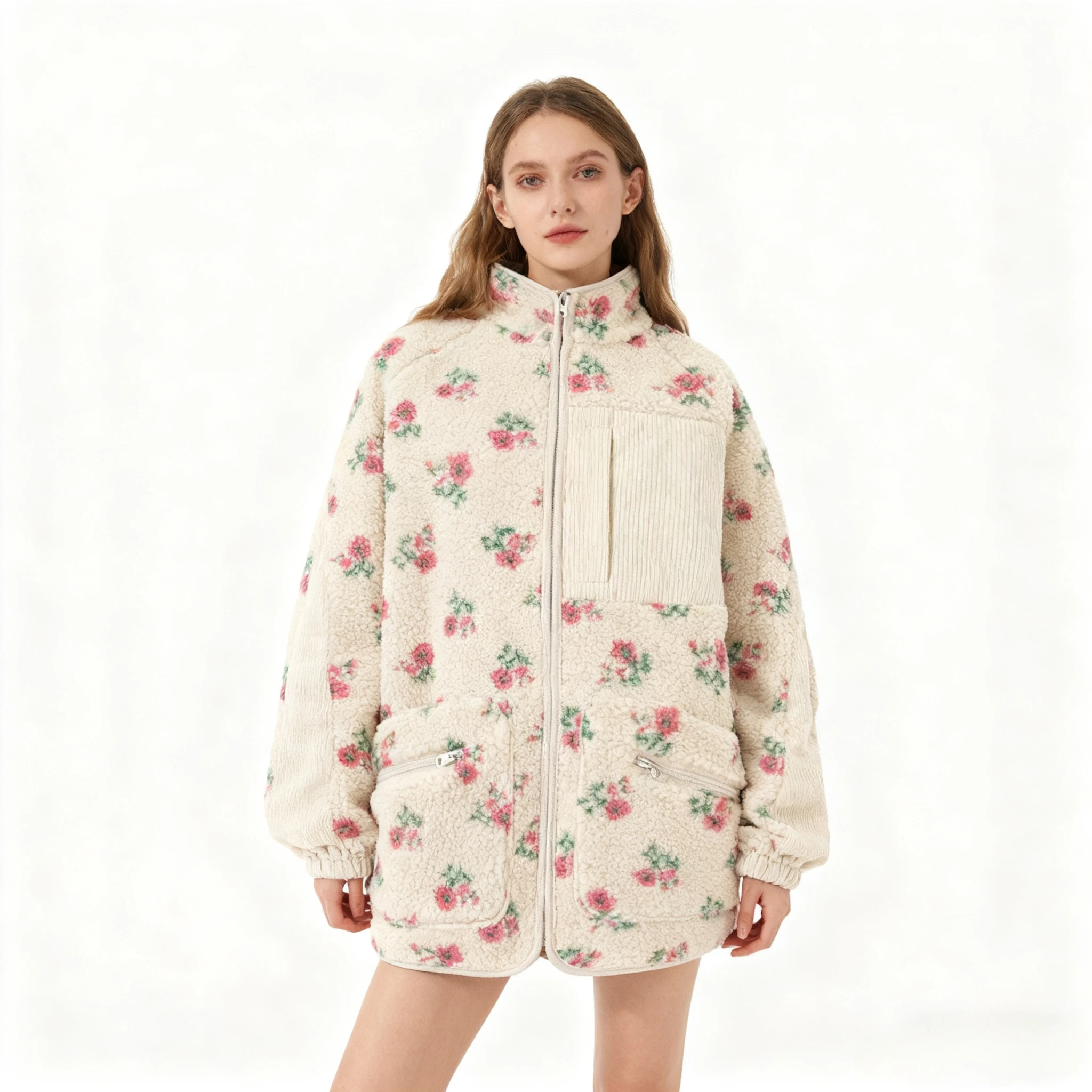 Yaminiya Fashion Wool Fleece Flower Warm Zipper Sweater Jacket Stand Collar Loose Jacket Thickened Autumn/winter Women Clothing