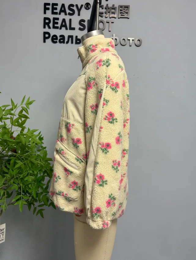 Yaminiya Fashion Wool Fleece Flower Warm Zipper Sweater Jacket Stand Collar Loose Jacket Thickened Autumn/winter Women Clothing