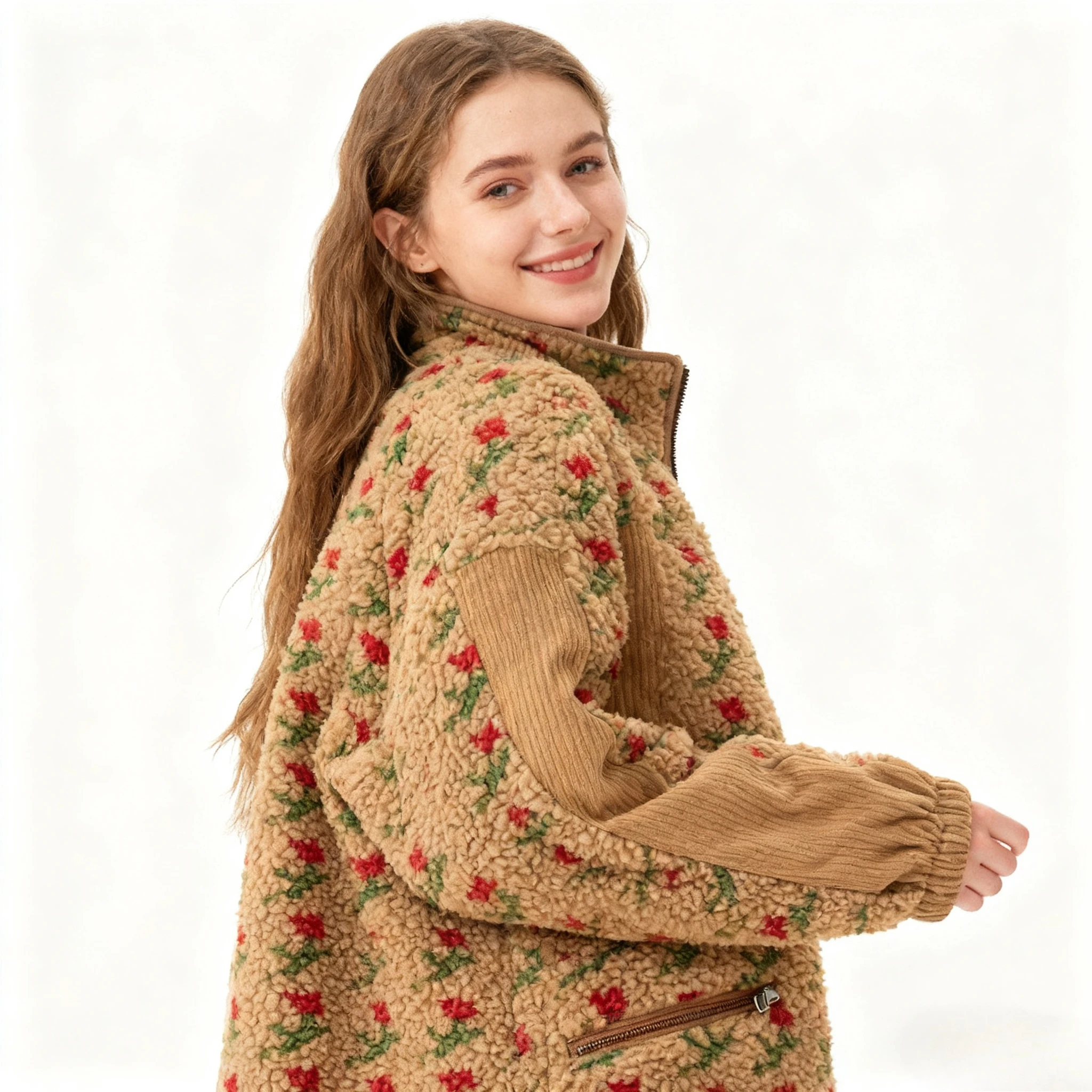 Yaminiya Fashion Wool Fleece Flower Warm Zipper Sweater Jacket Stand Collar Loose Jacket Thickened Autumn/winter Women Clothing