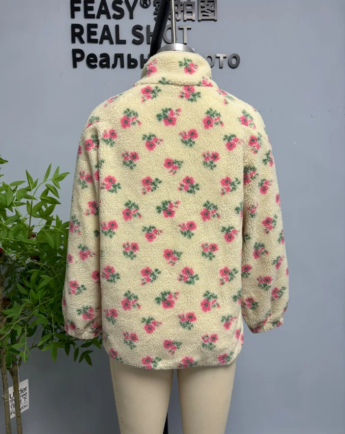 Yaminiya Fashion Wool Fleece Flower Warm Zipper Sweater Jacket Stand Collar Loose Jacket Thickened Autumn/winter Women Clothing
