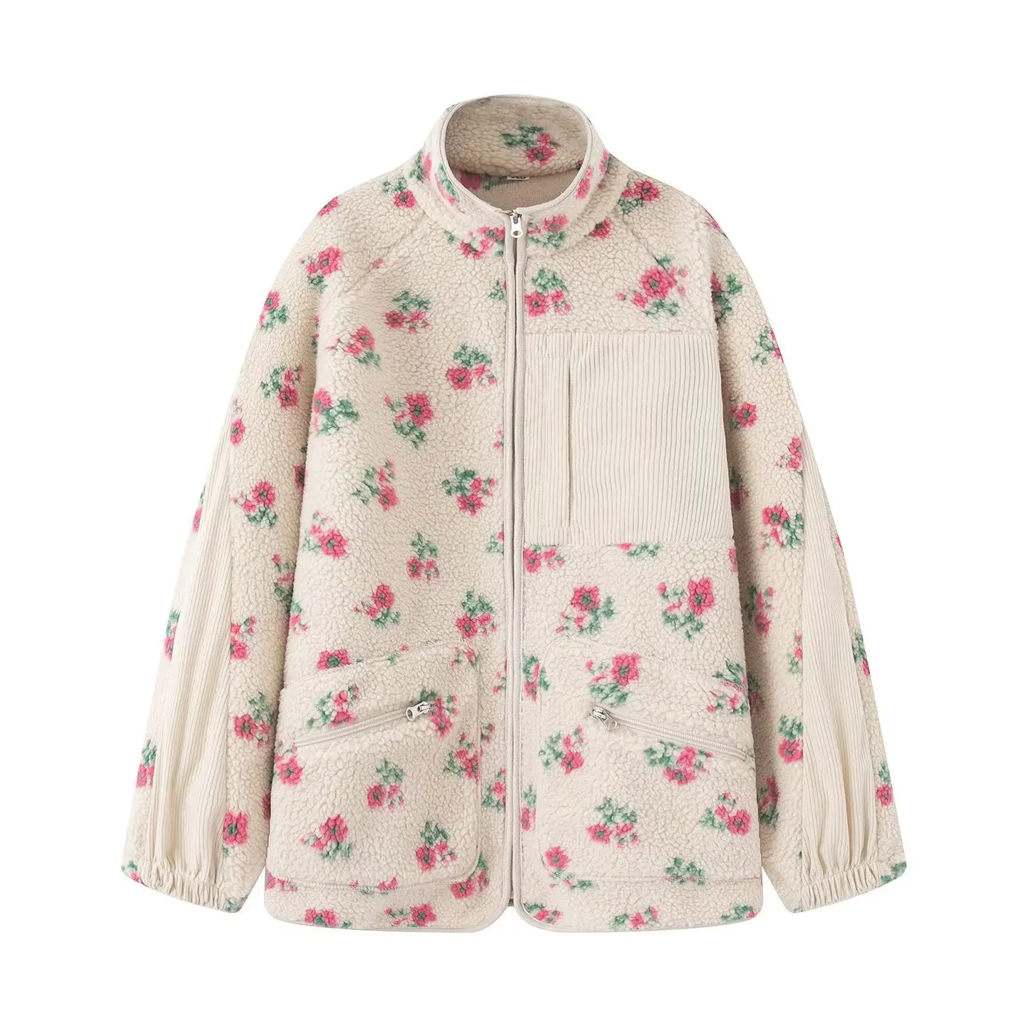Yaminiya Fashion Wool Fleece Flower Warm Zipper Sweater Jacket Stand Collar Loose Jacket Thickened Autumn/winter Women Clothing