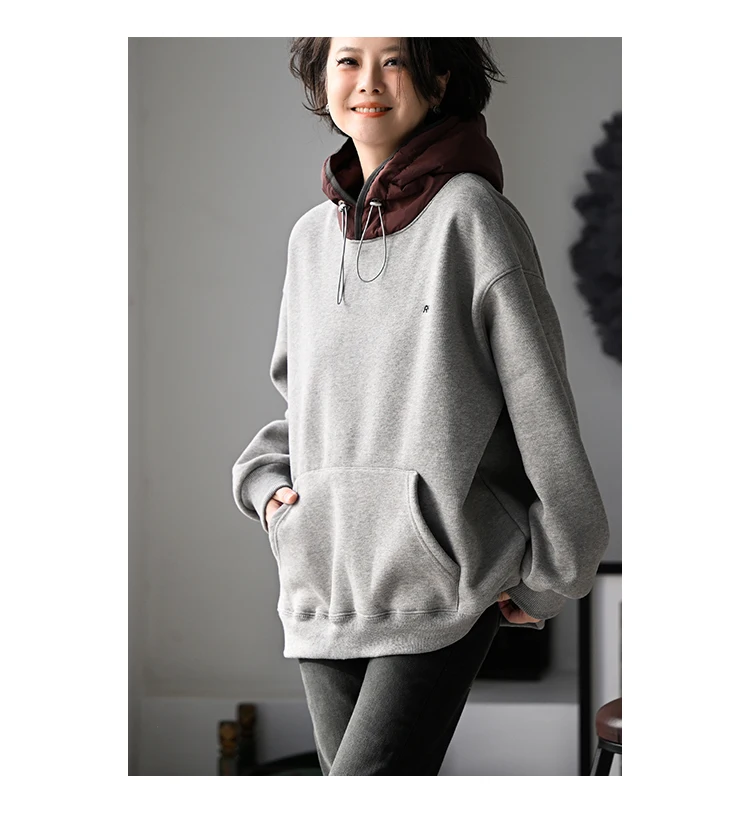 R71010 Korean Style Fashionable Versatile Fleece-Lined Loose Color-Block Drawstring Hooded Sweatshirt for Women 2026 Winter